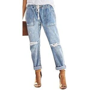 Distressed Light Wash Elastic Waist Denim Jogger Jeans W/ Drawstring By Mustard